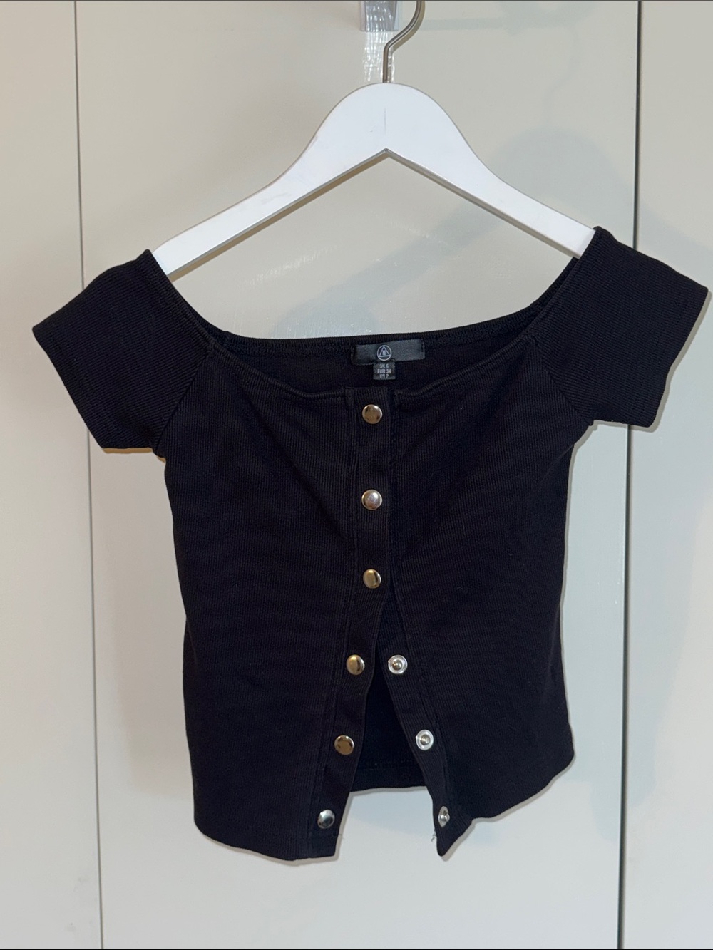 Off-Shoulder Black Ribbed Button-Front Top